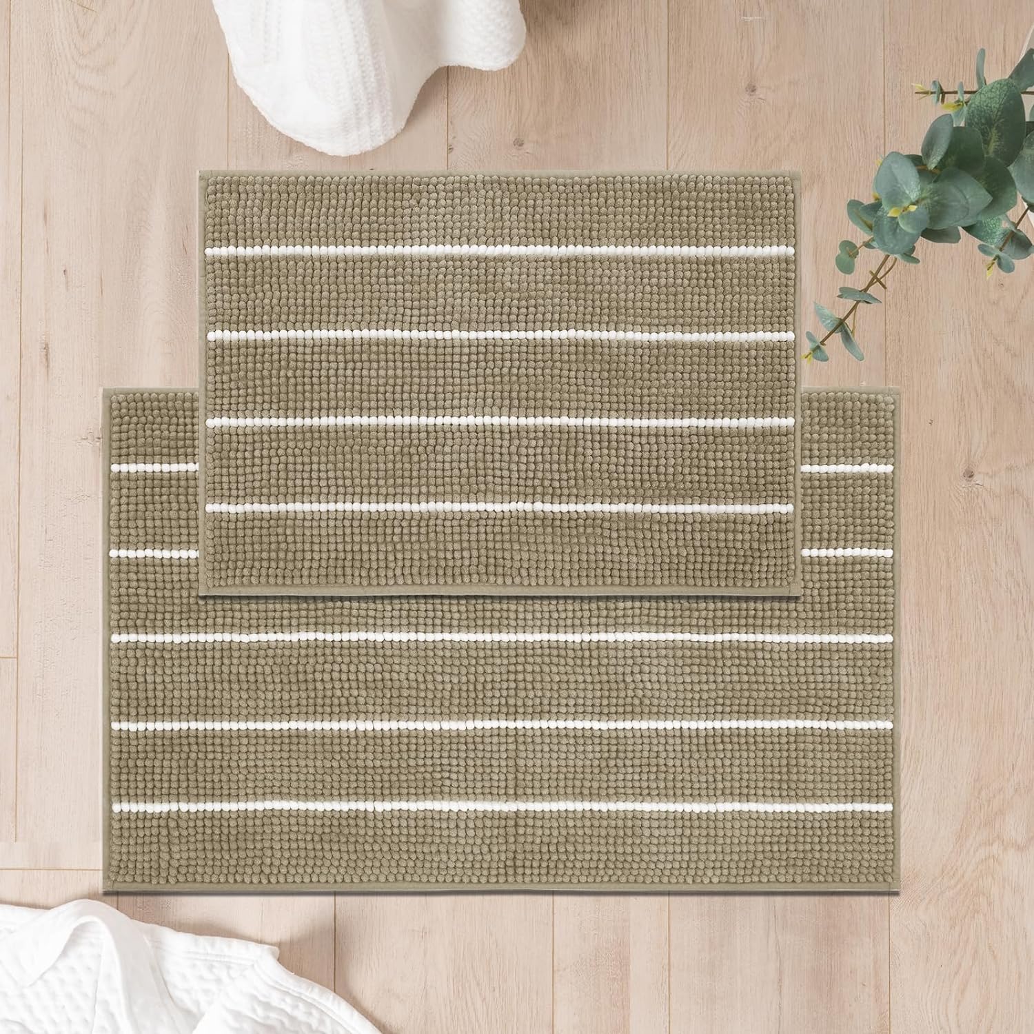 FRESHMINT Stripe Chenille Bathroom Rugs Set 2 Piece 17"x24"+20"x32", Water Absor...