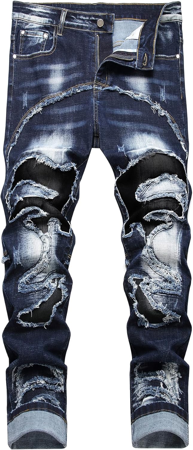 Baylvn Men's Designer Straight Slim Fit Patchwork Jeans Comfort Skinny Biker Den...