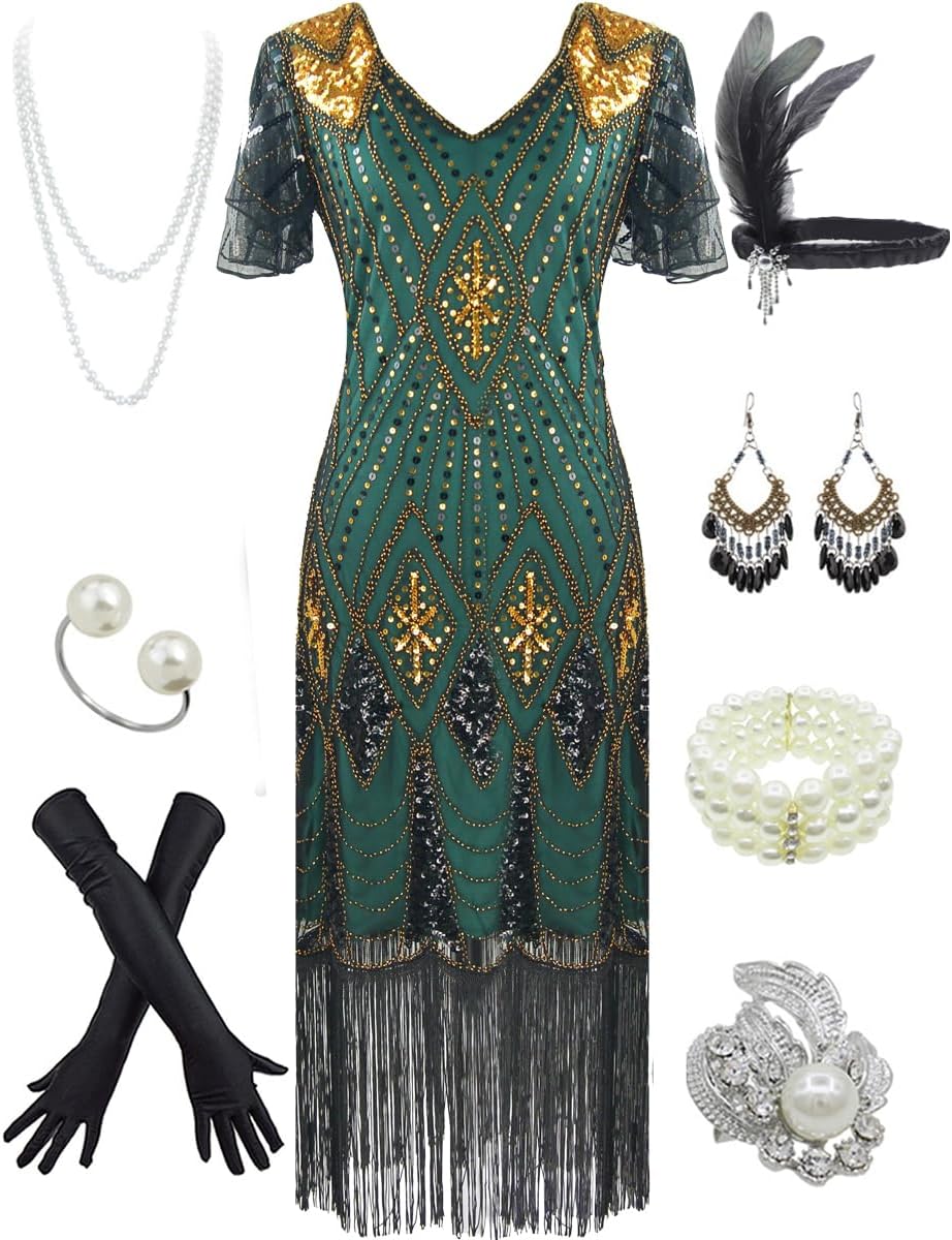Women's 1920s Gatsby Inspired Sequin Beads Long Fringe Flapper Dress w/Accessori...