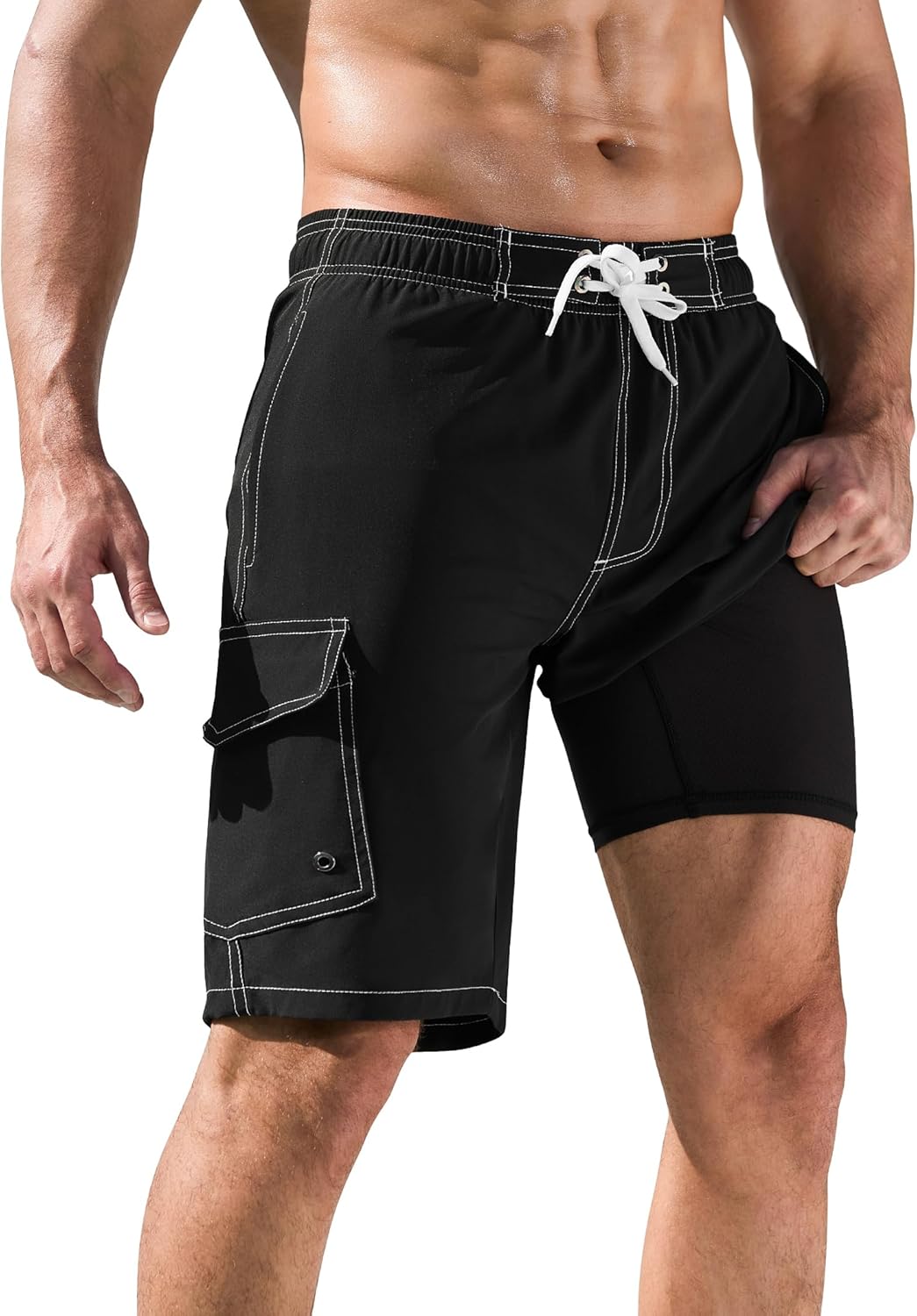 SILKWORLD Mens Swim Trunks with Compression Liner Quick-Dry 10" Stretch Beach Sh...