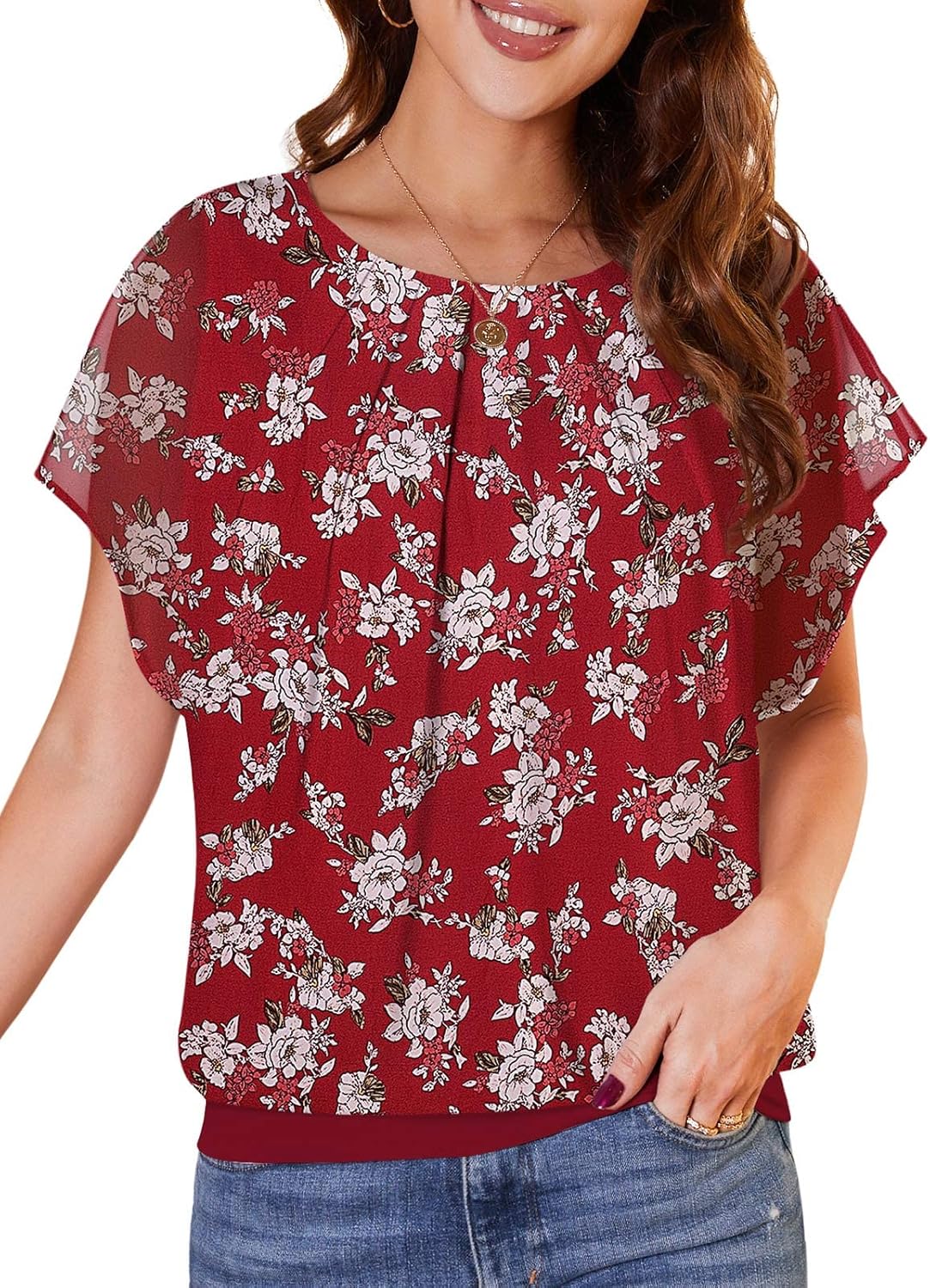 WANGZHI Women's Casual Flouncing Short Sleeve Pleated Front Loose Chiffon Blouse...