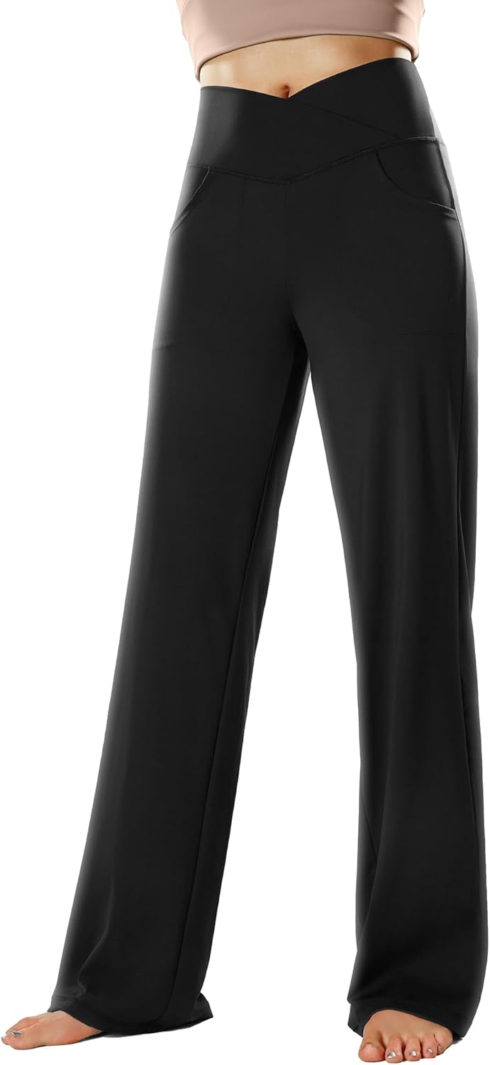 Wide Leg Yoga Pants for Women, Crossover High Waisted Lounge Pants with Pockets,...