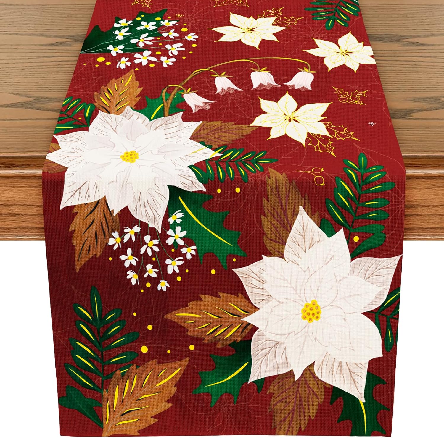 LeZakaa Christmas Table Runner, Kitchen Dining Red Linen Table Decoration with F...