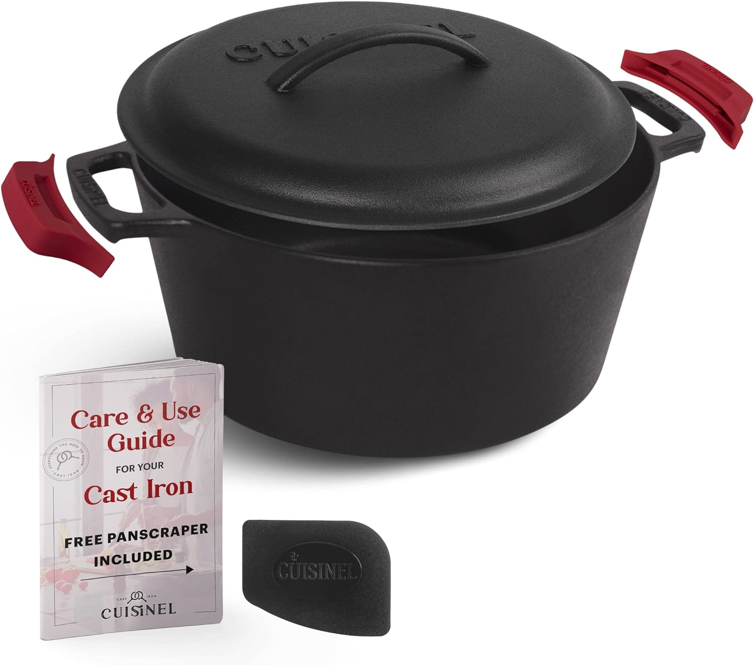 Cuisinel Cast Iron Dutch Oven - 5-Quart Deep Pot + Lid + Pan Scraper + Handle Co...