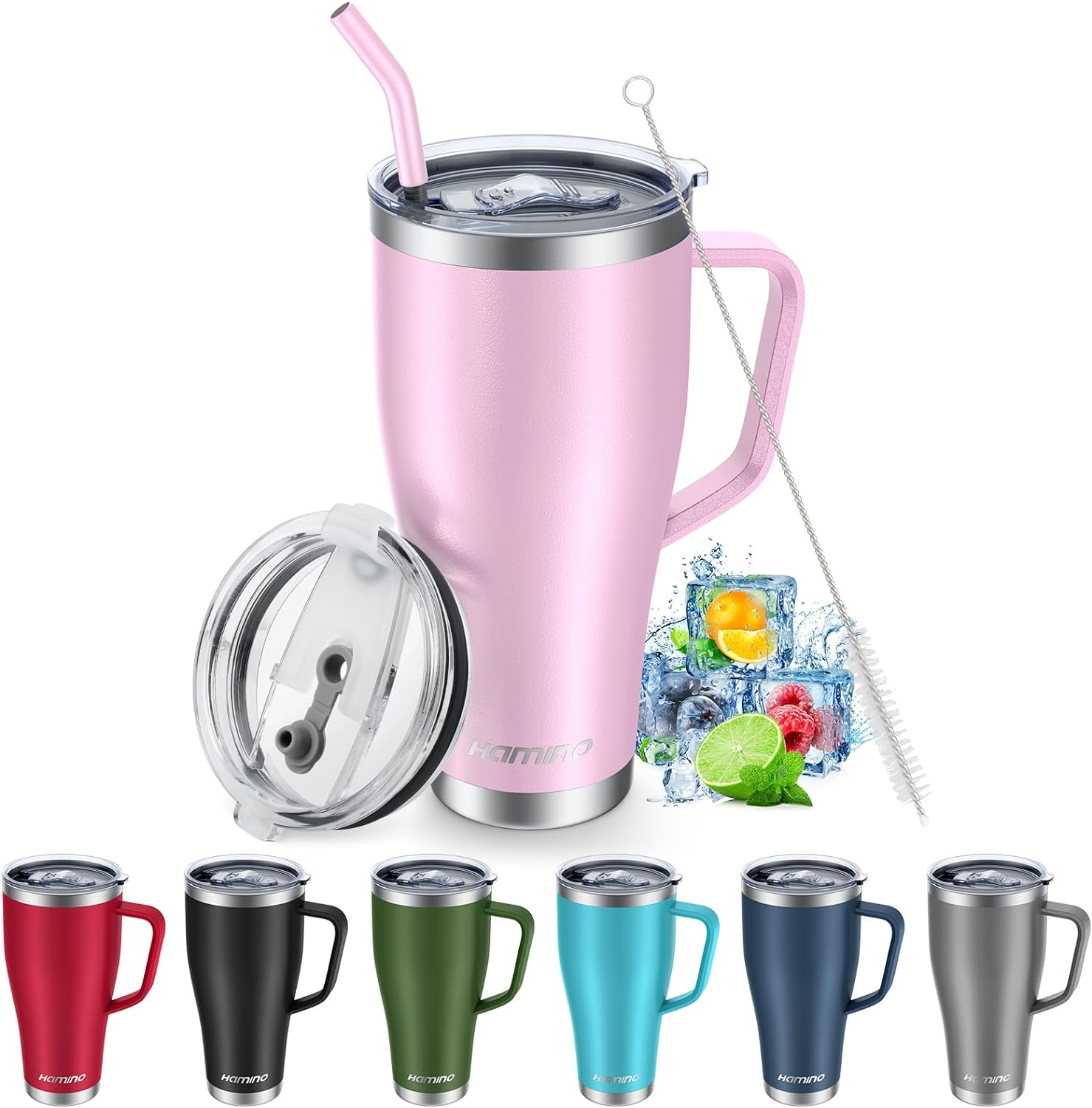 30 oz Tumbler with Lid and Straw Handle, Double-Wall Vacuum Travel Coffee Mug wi...