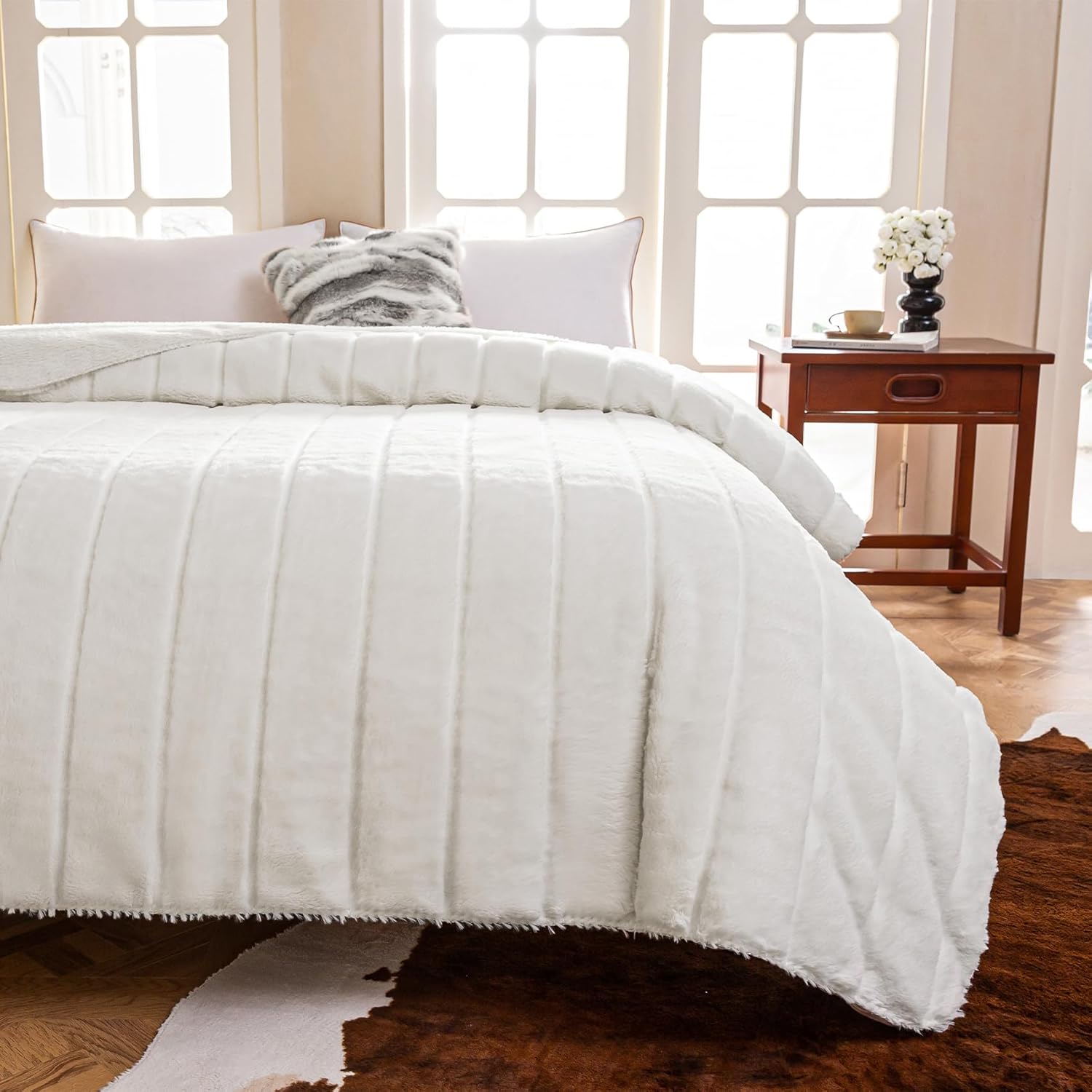 COOVA Faux Rabbit Fur Queen Size Blanket 90x90 Inch – Cut Stripe Dual-Sided Soft...