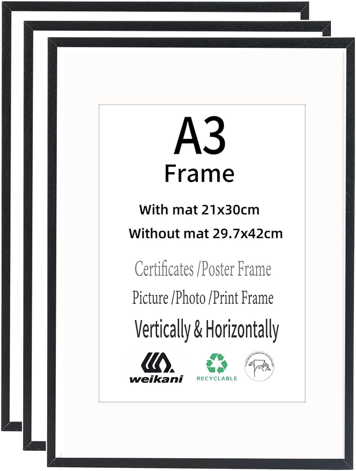 Weikani A3 Black Picture Frame with A4 Mat,3 Pack-29.7x42 cm Wood Photo Frame,Ce...