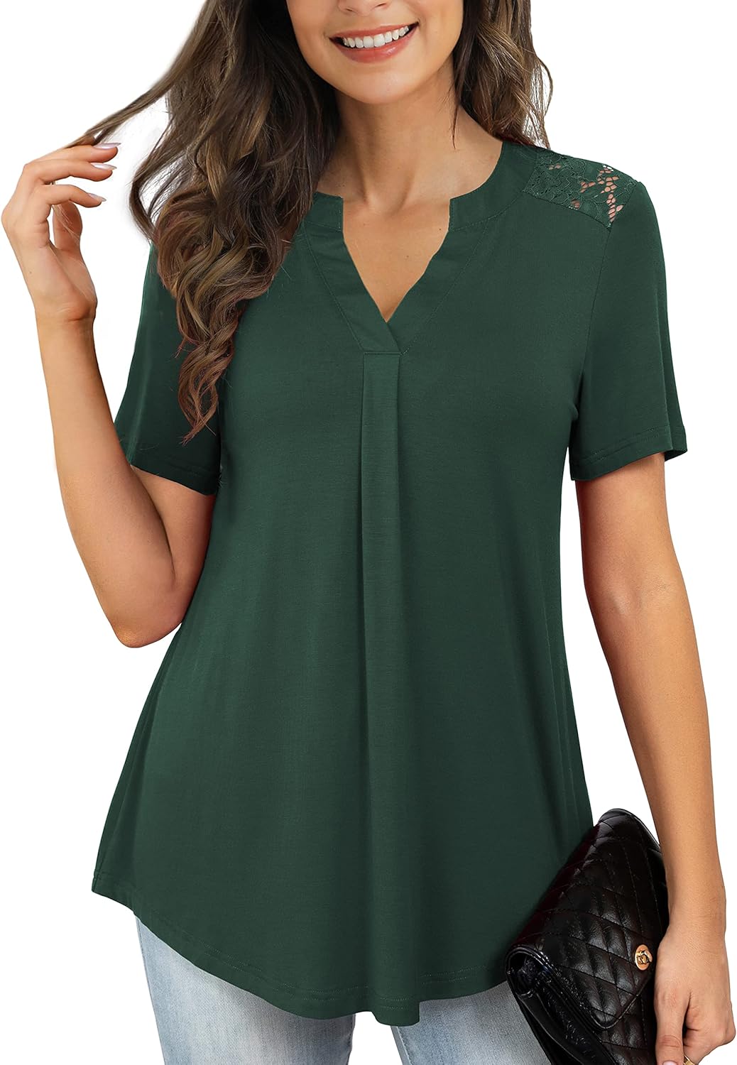 OmicGot Women's Plus Size Tops Casual Blouse Short Sleeve Lace Pleated Tunic Top...