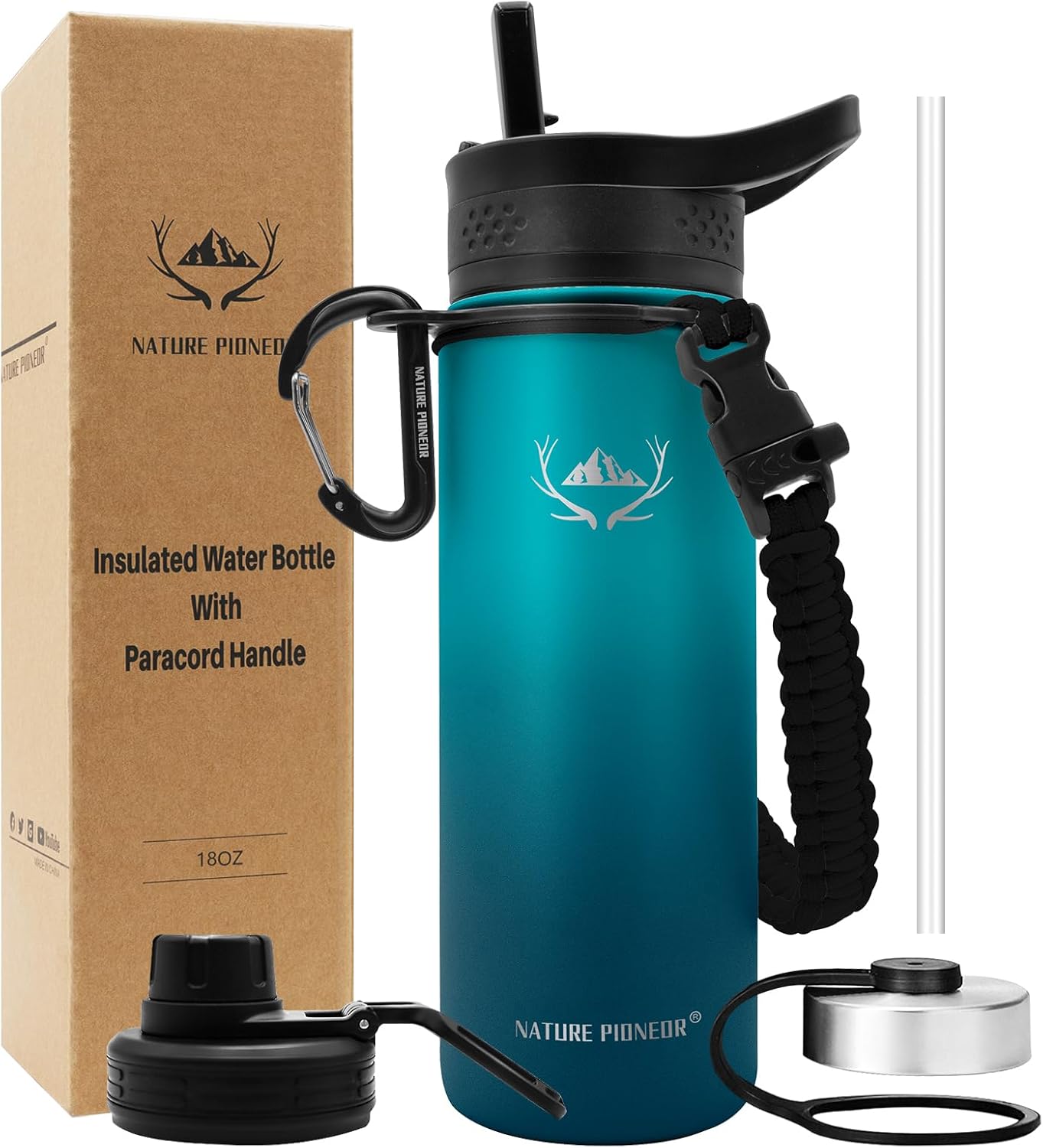 NATURE PIONEOR Insulated Water Bottles with Paracord Handle - 18 oz Vacuum Sport...