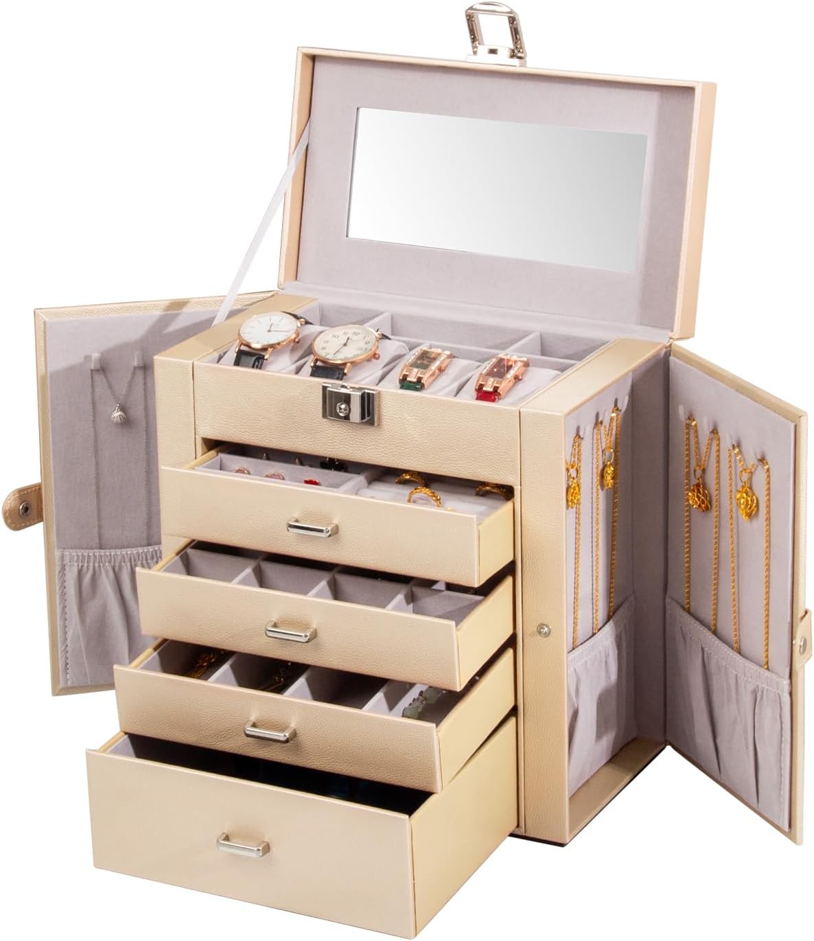 Large Jewelry Box,5-Tier PU Leather Jewelry Organizer with Lock,Multi-functional...
