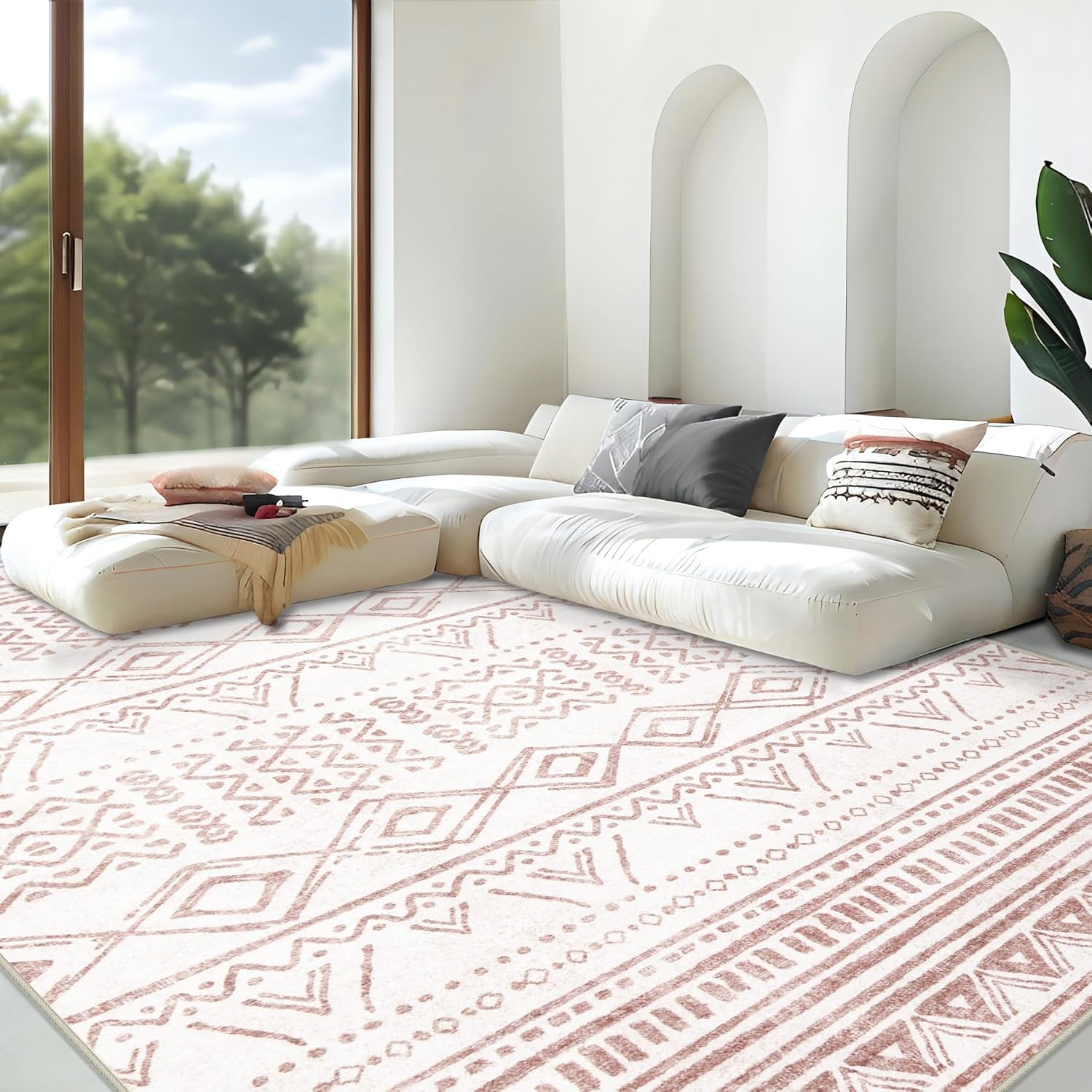 Area Rug Living Room Rugs 8x10 - Large Soft Boho Geometric Rugs, Non-Slip Foldab...