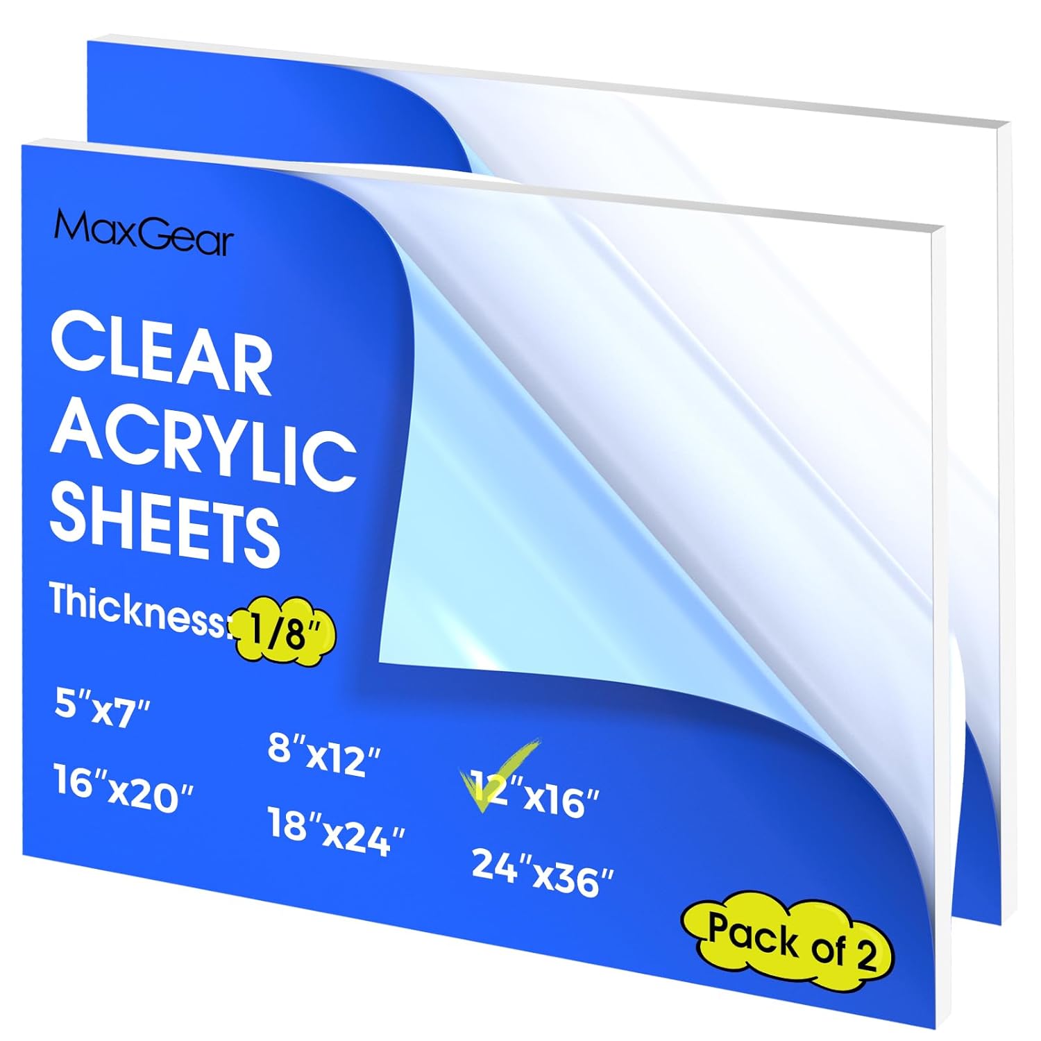 MaxGear 1/8" Thick Plexiglass Sheets 2 Pack, 12"x16" Clear Acrylic Sheets for Ar...