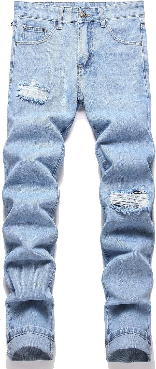 AITITIA Men's Ripped Regular Fit Straight Leg Jean 32 3024 Blue