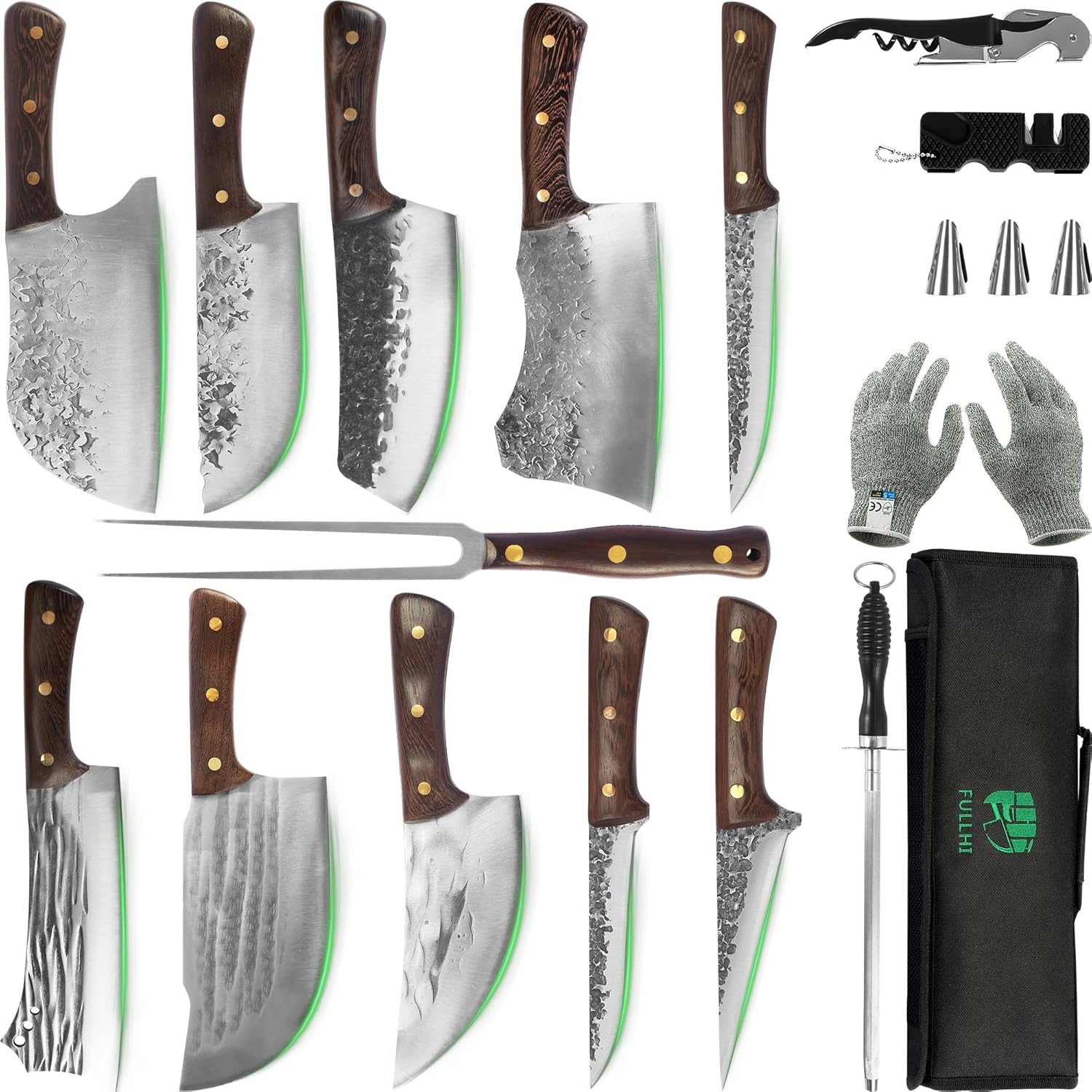 FULLHI 17pcs Portable Butcher Knife Set with Carving Meat Fork Kitchen Knife Set...
