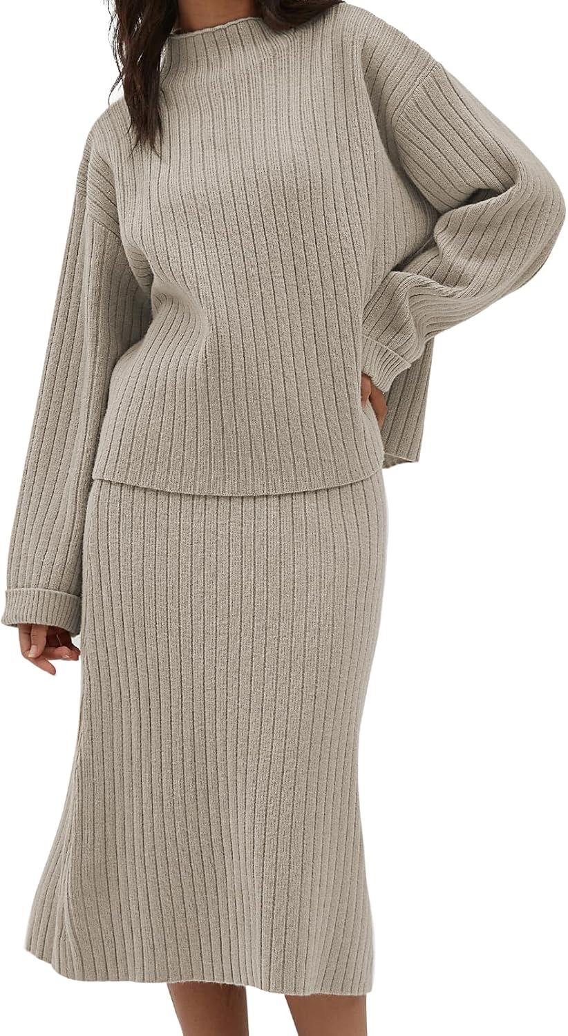 CHYRII Womens Fashion Two Piece Outfits Mock Neck Oversized Sweater Tops Skirt S...