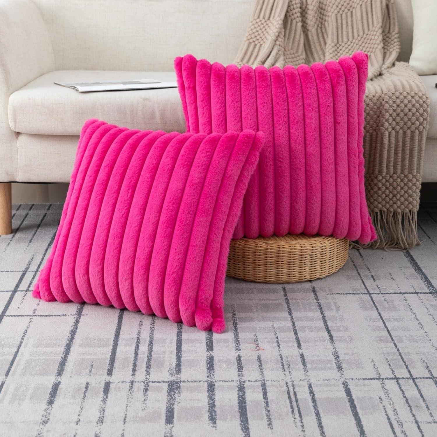ZLINA Set of 2 Hot Pink Faux Fur Decorative Throw Pillow Covers Fluffy Striped P...