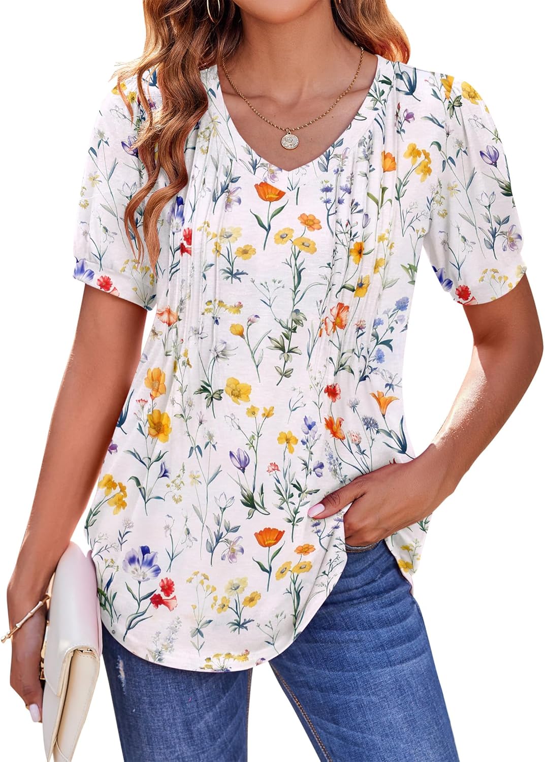 Zeagoo Women's Puff Short Sleeve Boho Shirts Casual V Neck Floral Solid Summer B...