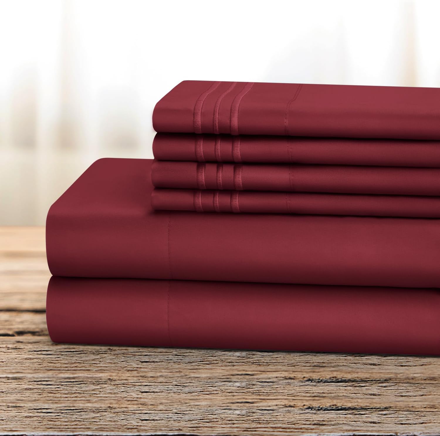 BYSURE Hotel Bed Sheets Set with 4 PCS Embroidered Pillowcases(King, Burgundy),...