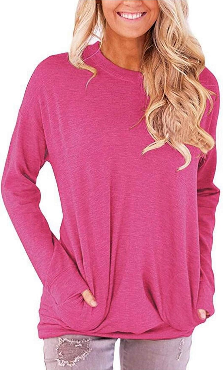 PLOKNRD Women Casual Round Neck Long Sleeve Fit Tunic Top Baggy Comfy Blouse wit...