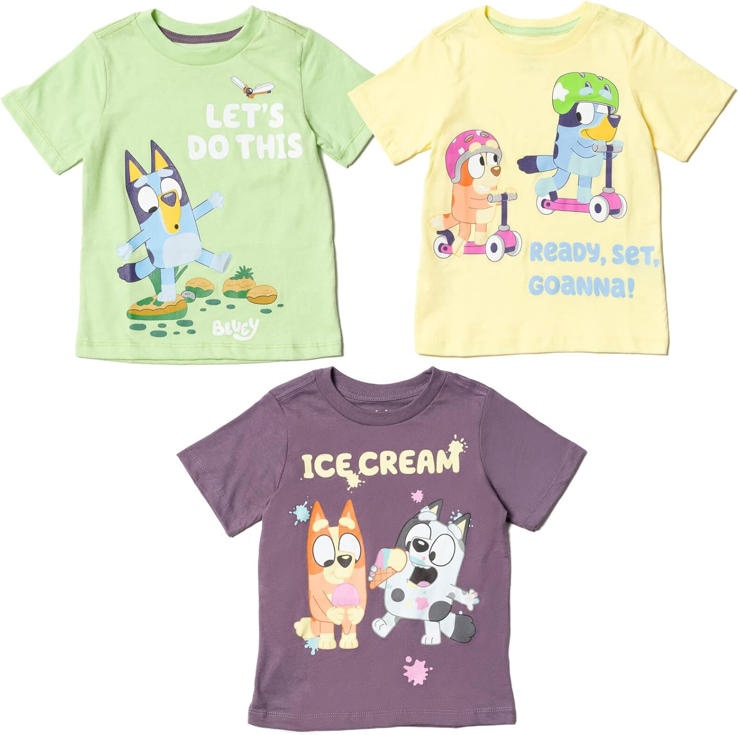 Bluey Bingo 3 Pack Graphic T-Shirts Toddler to Big Kid 2T Grey / Yellow / Green