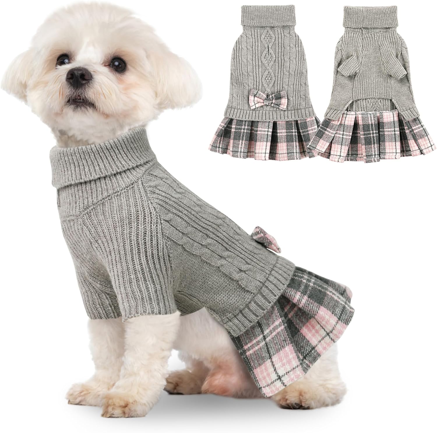 YUDODO Dog Sweater Dress for Small Dogs with Bowtie Turtleneck Knitted Dog Dress...