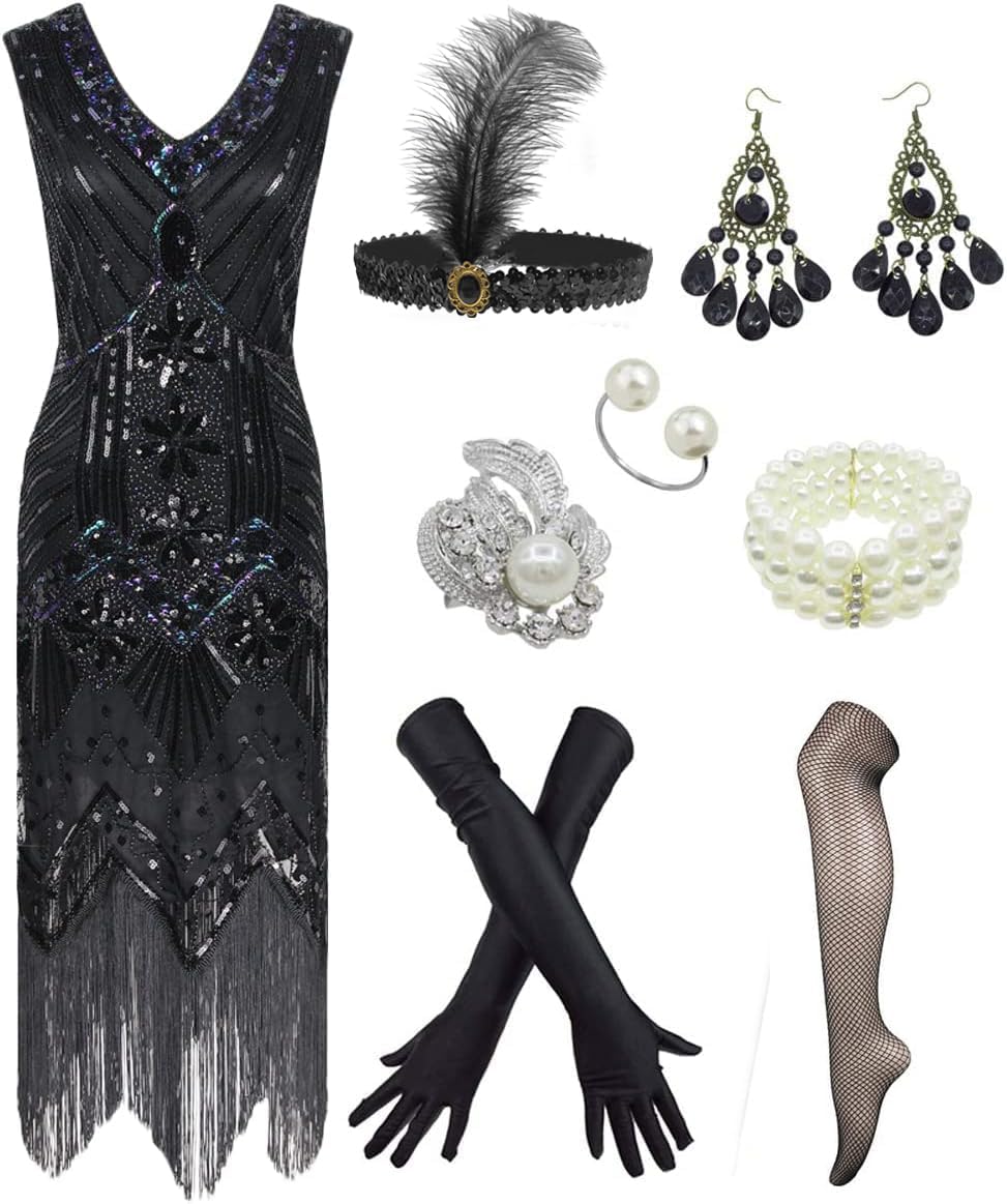 Women's 1920s V Neck Beaded Fringed Gatsby Theme Flapper Dress with Accessories...