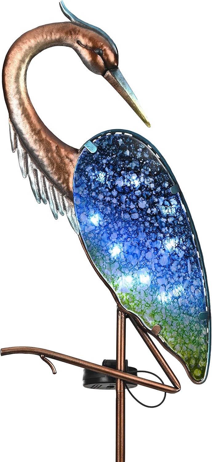 TERESA'S COLLECTIONS Blue Heron Outdoor Solar Lights for Garde Decor, Metal Yard...