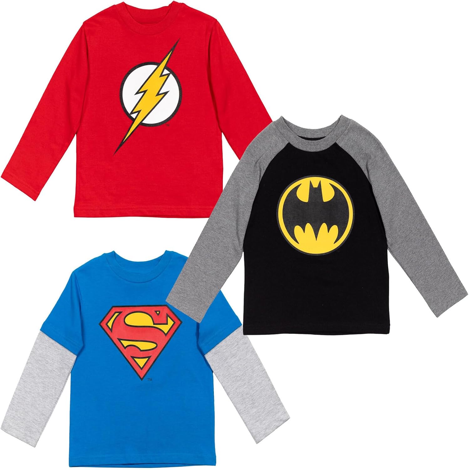 DC Comics Justice League Batman Superman The Flash 3 Pack Hangdown Long Sleeve T...