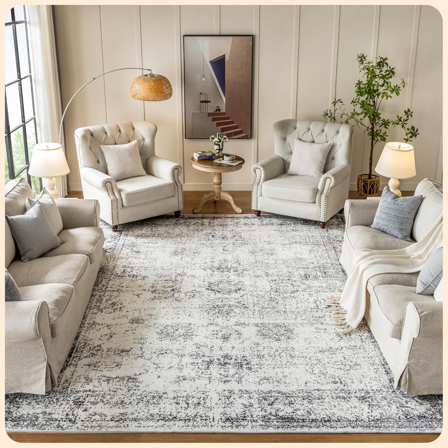 Istana 9x12 Rug - White Cream/Grey Living Room Rug - Foldable Farmhouse Rugs for...