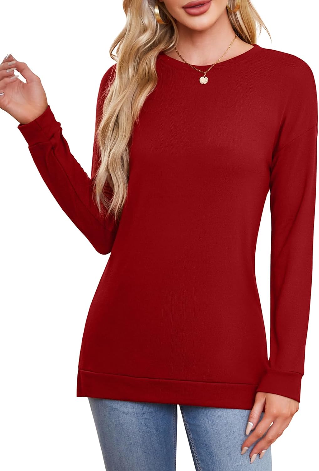 Qearal Womens Sweatshirt Crewneck Long Sleeve Shirts Loose Fit Casual Side Split...