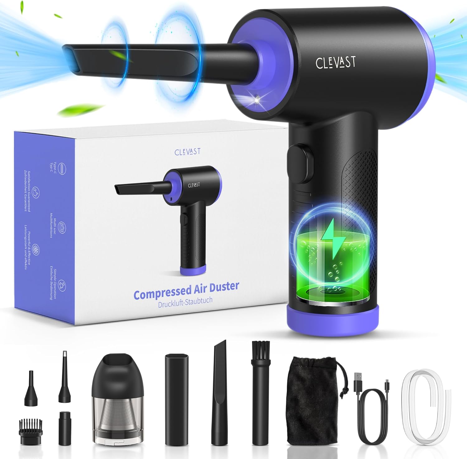 CLEVAST Compressed Air Duster - 3 Gear 110000RPM Electric Air Duster, 3 in 1 Ver...