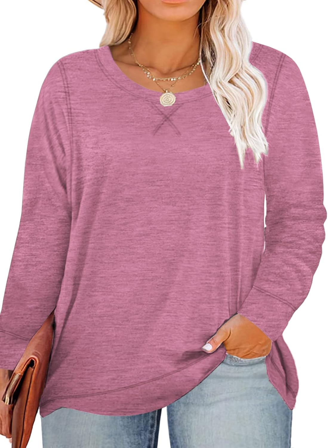 ROSRISS Plus Size Tops for Women Long Sleeve Shirts Casual Side Split Tees Pink...