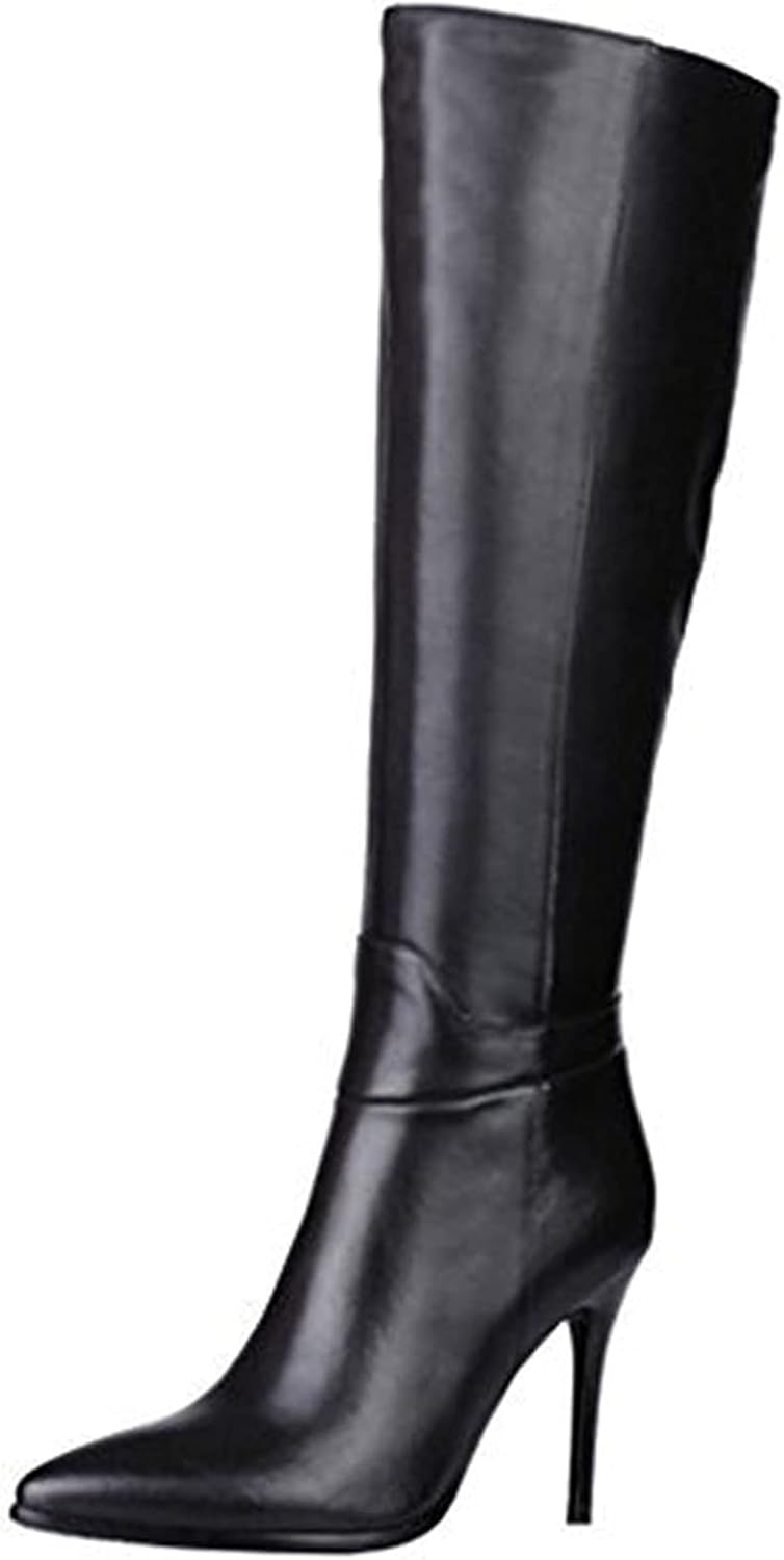 COLETER Women's Leather Knee High Boots Pointy Toe Side-Zip High Heels Dress Boo...