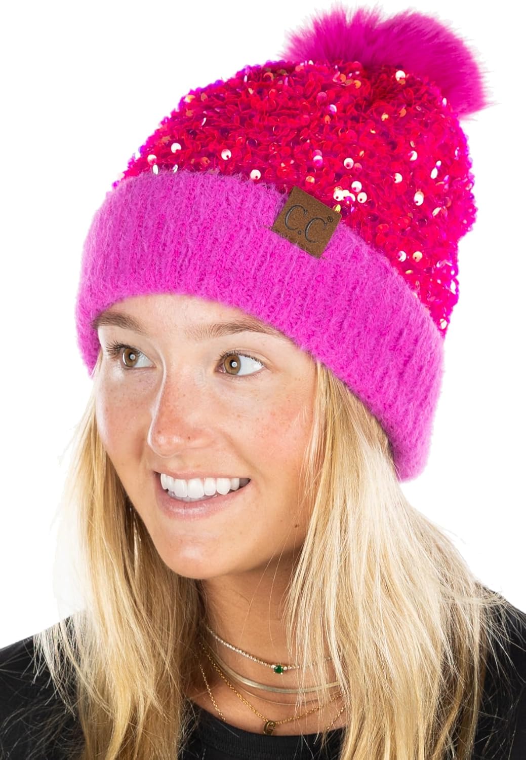 Funky Junque Winter Beanie for Women Sequin Faux Fur Chunky Knit Pom Pom Hat Sku...