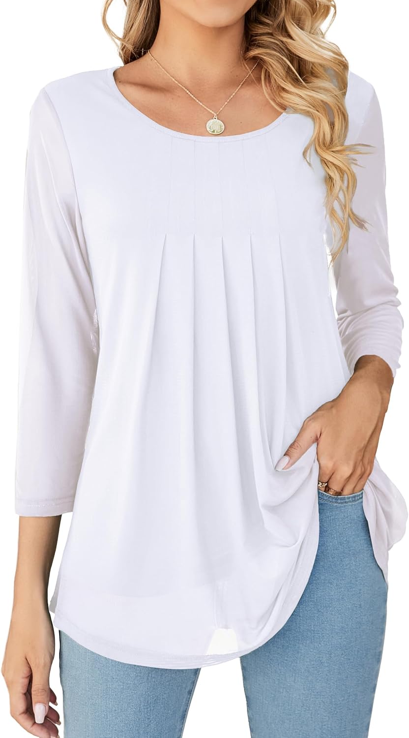 WANGZHI Womens 3/4 Sleeve Pleated Round Neck Blouses Dressy Casual Fall Mesh Top...