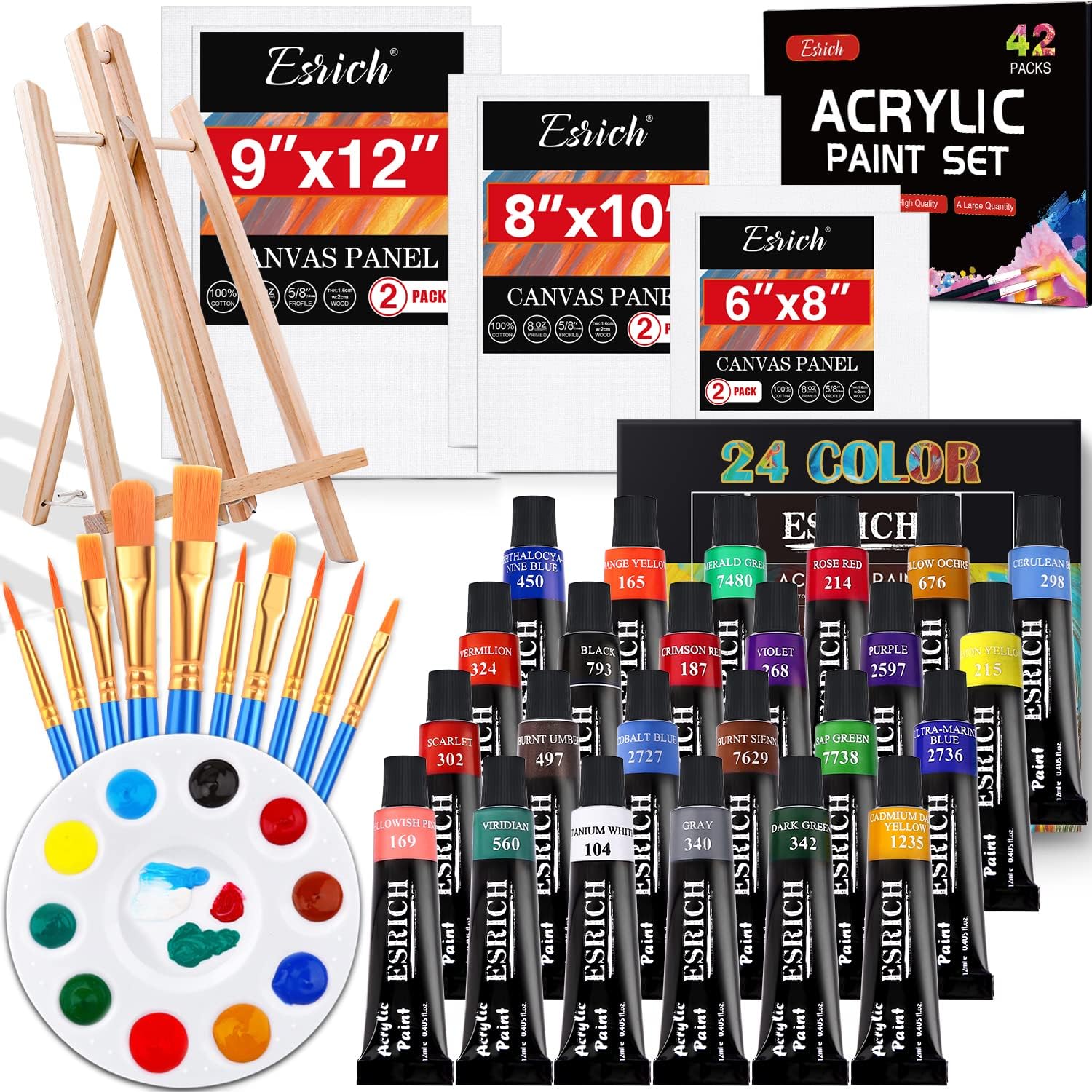 ESRICH Acrylic Paint Canvas Set,42 Piece Professional Premium Paint Kit with 1 W...
