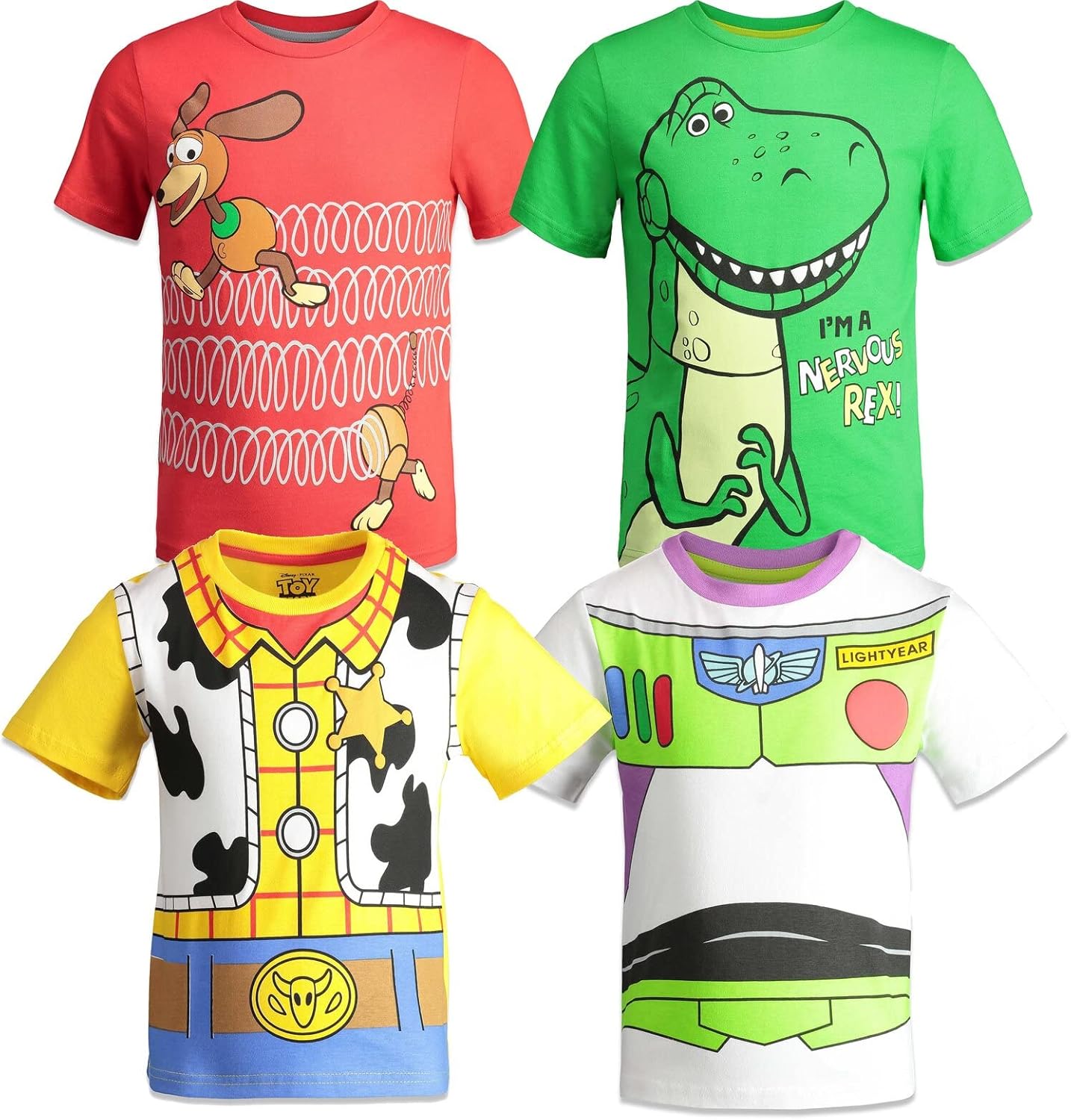 Disney boys Toy Story Rex Slinky Dog Buzz Lightyear Tshirt pack of 4 6 Green / W...