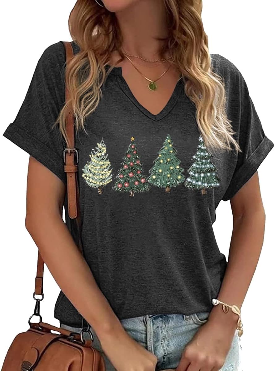 Earlymemb Womens Christmas V Neck Shirt Funny Xmas Holiday Graphic Short Sleeve...