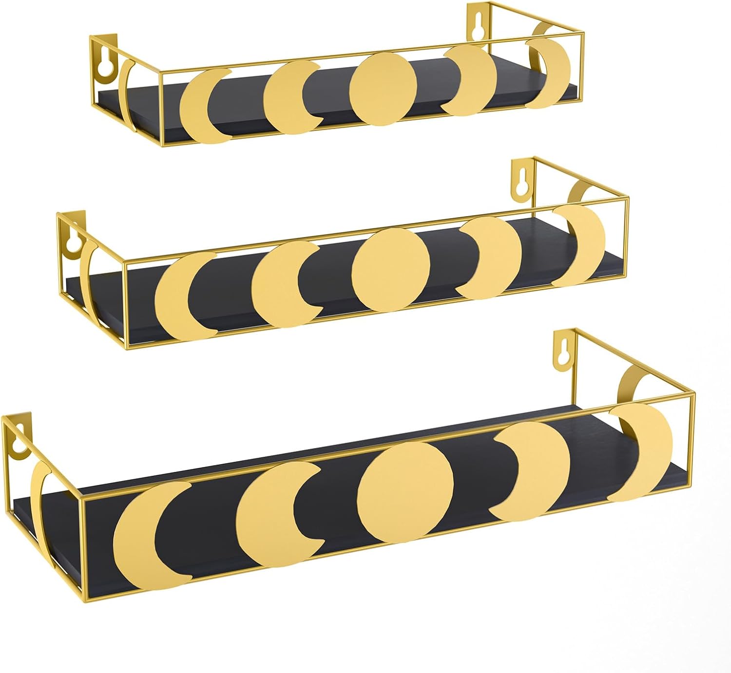 PHAREGE Gold and Black Floating Wall Shelves, Moon Phase Decorative Small Shelve...