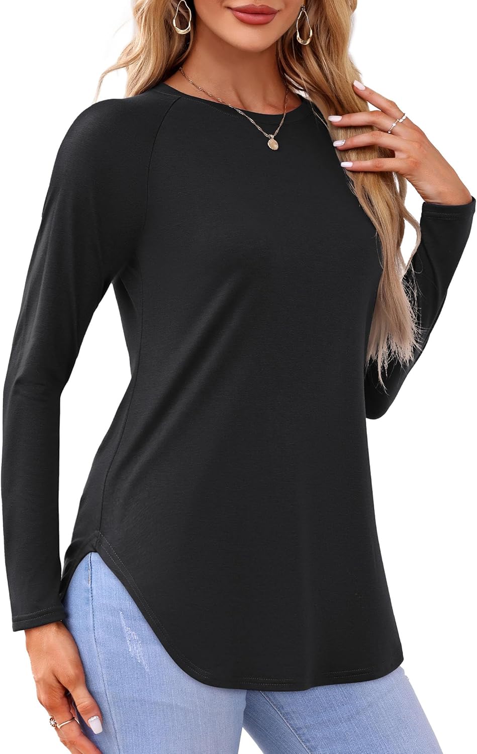 Amoretu Womens Tunic Tops Raglan Long Sleeve Crew Neck Shirts Side Slit Tees Sma...