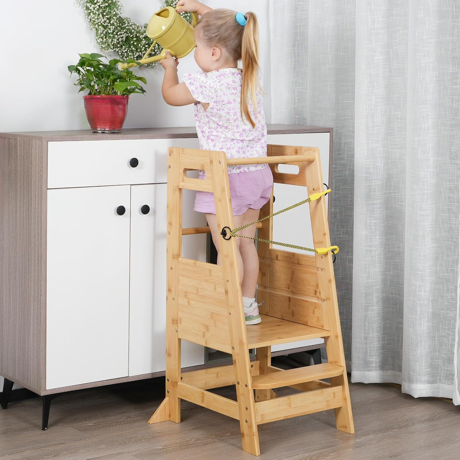 Kids Kitchen Step Stool, XiaZ Natural Bamboo Toddler Tower Adjustable Kitchen St...