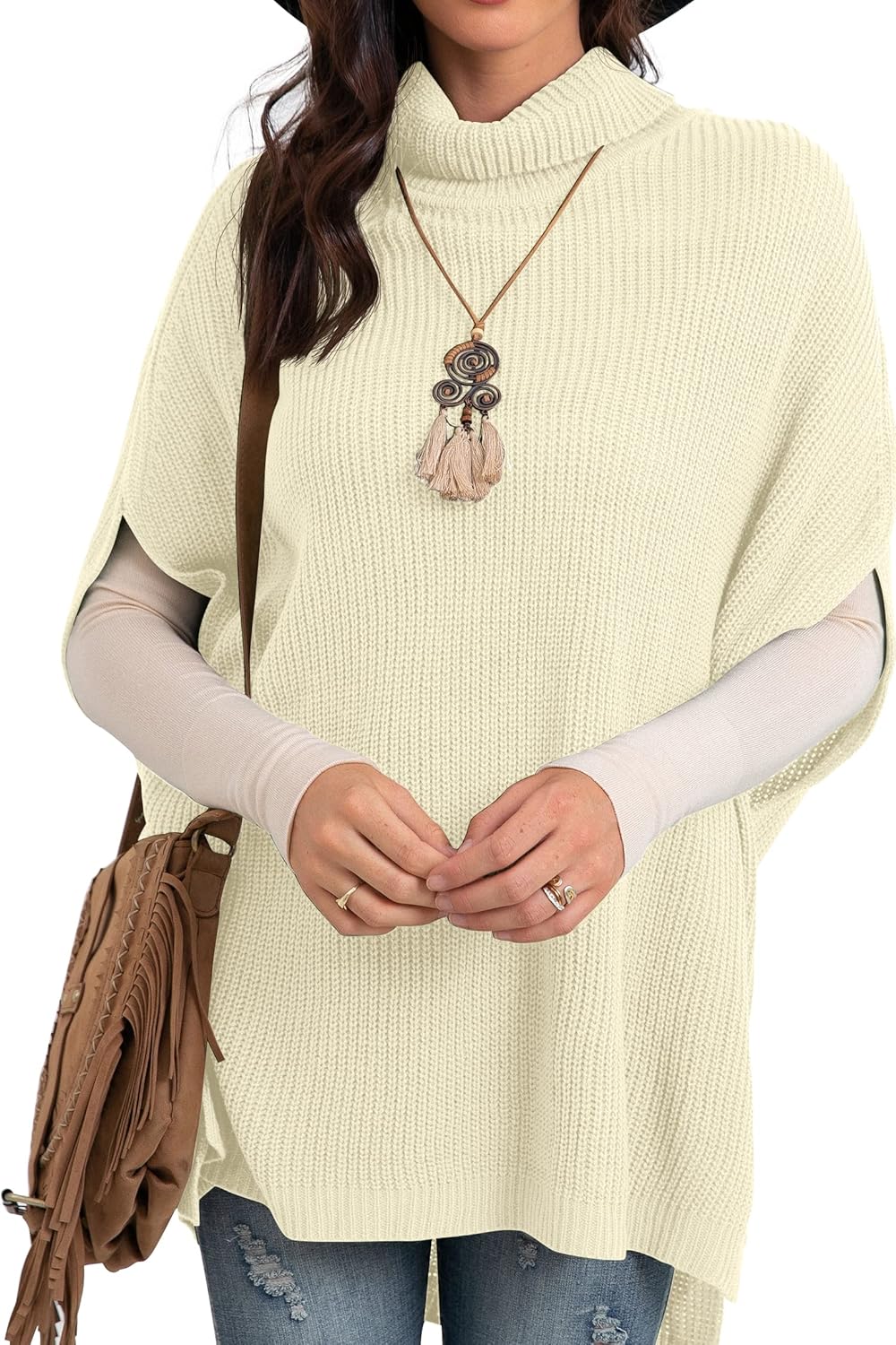 GRECERELLE Women Turtleneck Oversized Knit Batwing Sleeveless Loose High Low Hem...