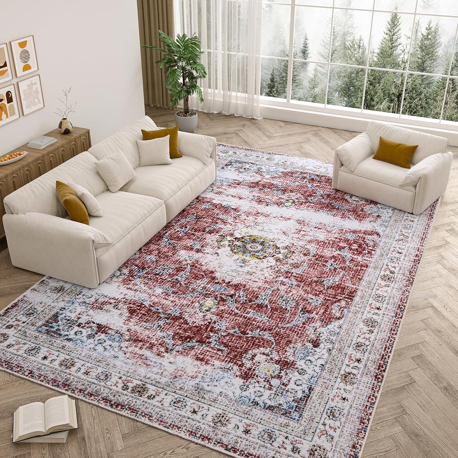 Vintage Living Room Rug 6x9 Machine Washable Area Rugs Non Slip Low Pile Area Ru...