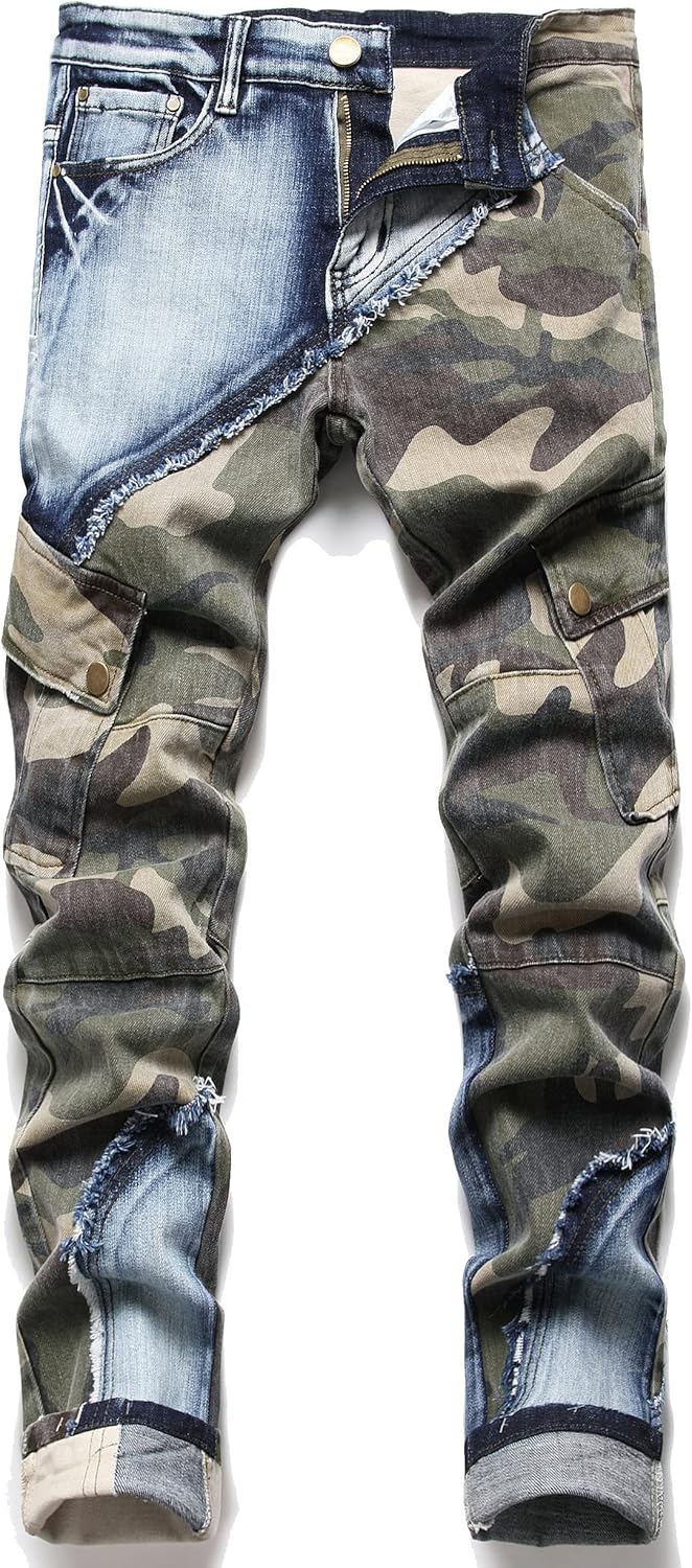 Enrica Men's Ripped Straight Slim Moto Biker Jeans 36 Blue Camo 3132