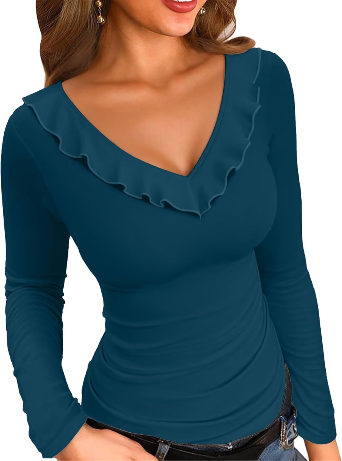 VICHYIE Womens Long Sleeve Shirts V Neck Ruffle Hem Slim Fitted Ribbed Knit Tren...