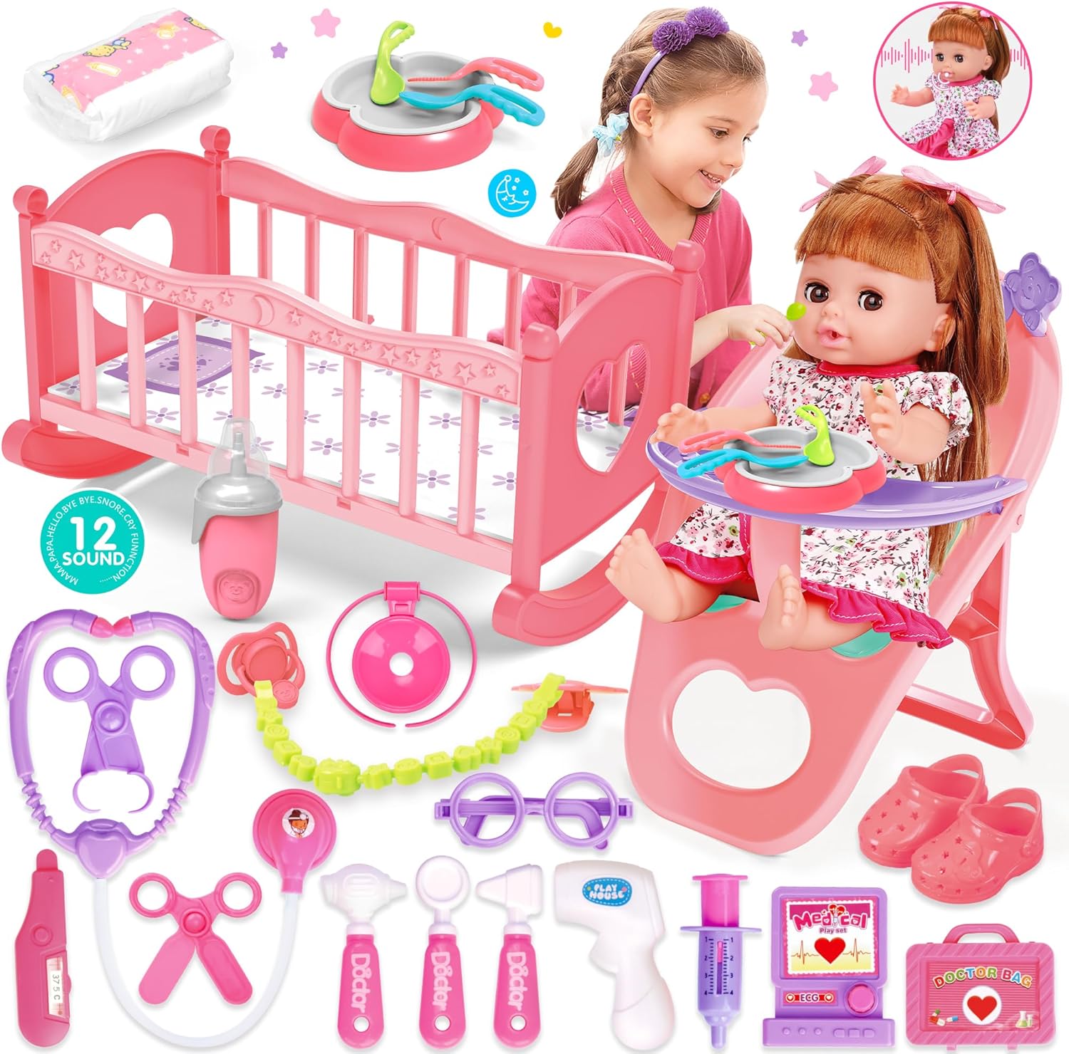 Baby Doll Toys Set, 14" Doll Toys, 25Pcs Doll Care Toy Playset, Toddlers Toy Dol...