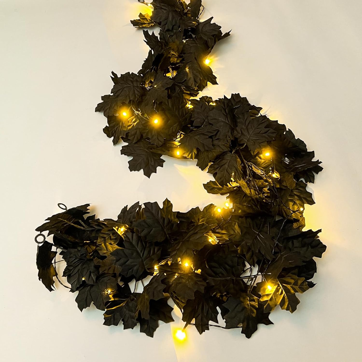 RECUTMS Black Garland with Lights Fall Leaf Garland Black Leaf Halloween Decor H...