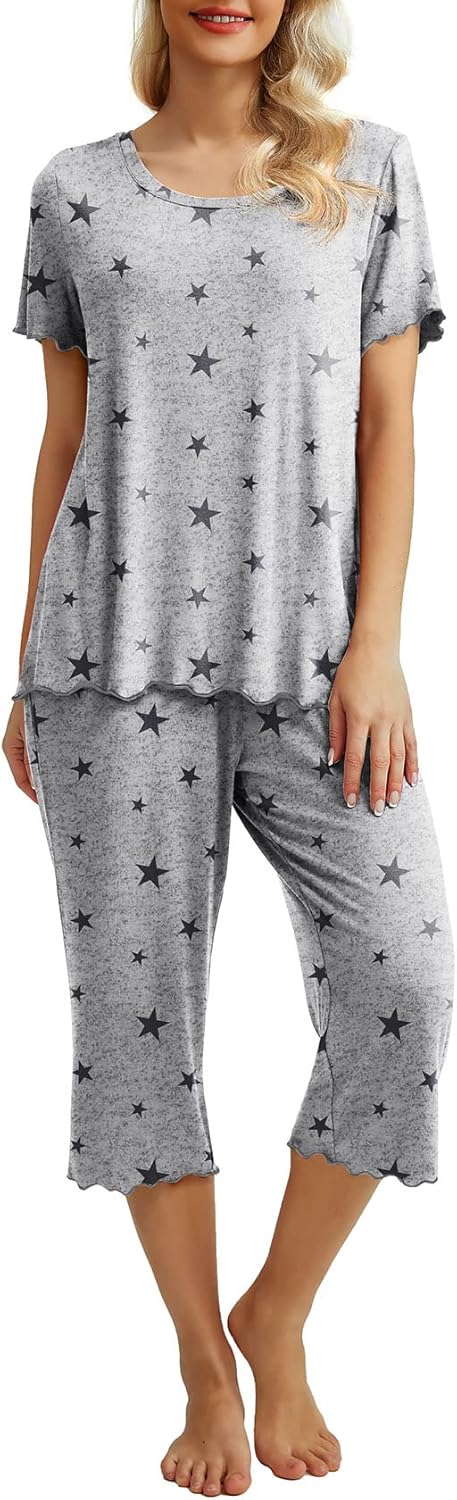 PrinStory Womens Pajama Sets Capri Pjs Set for Women Soft Pajamas Short Sleeve S...