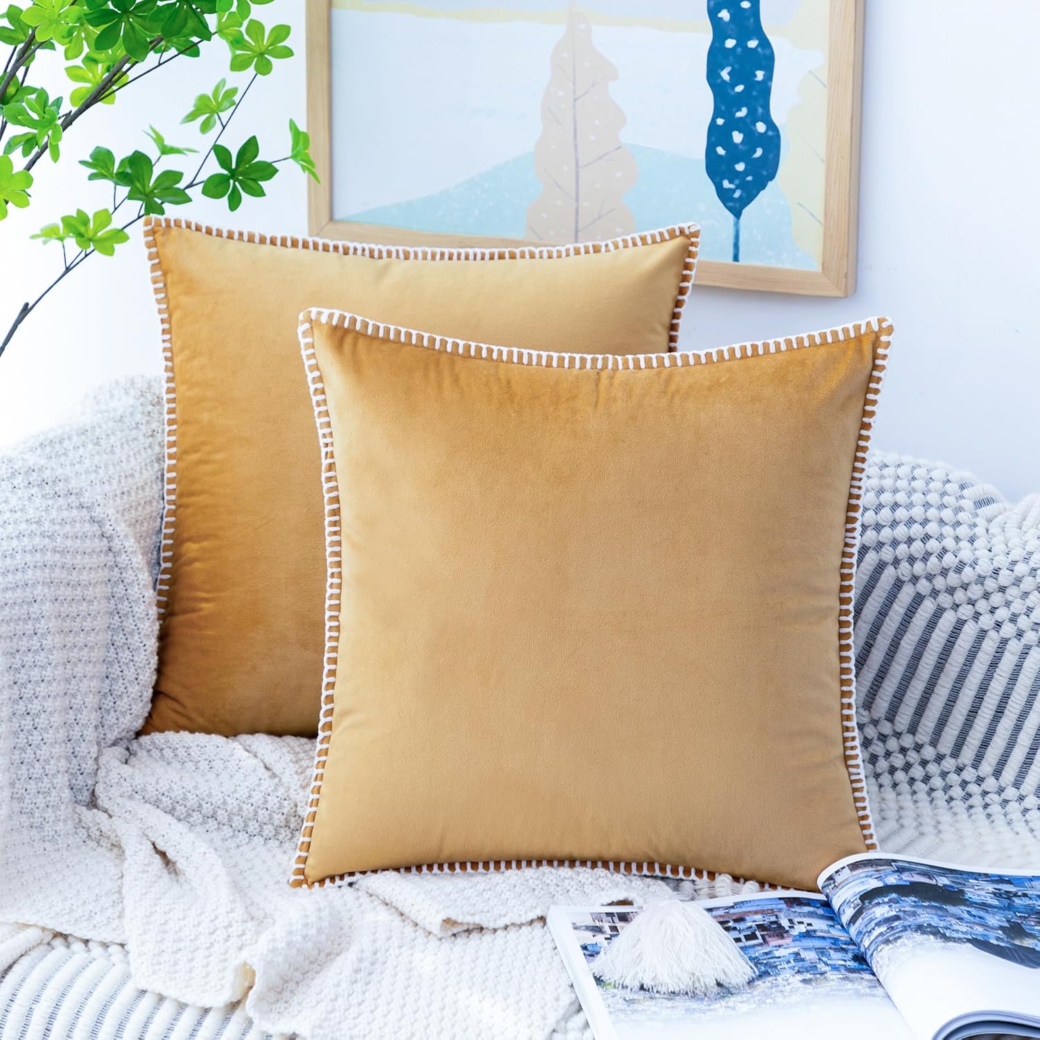 GAWAMAY Decorative Soft Velvet Throw Pillow Covers 16" X 16" Set of 2 with Cheni...