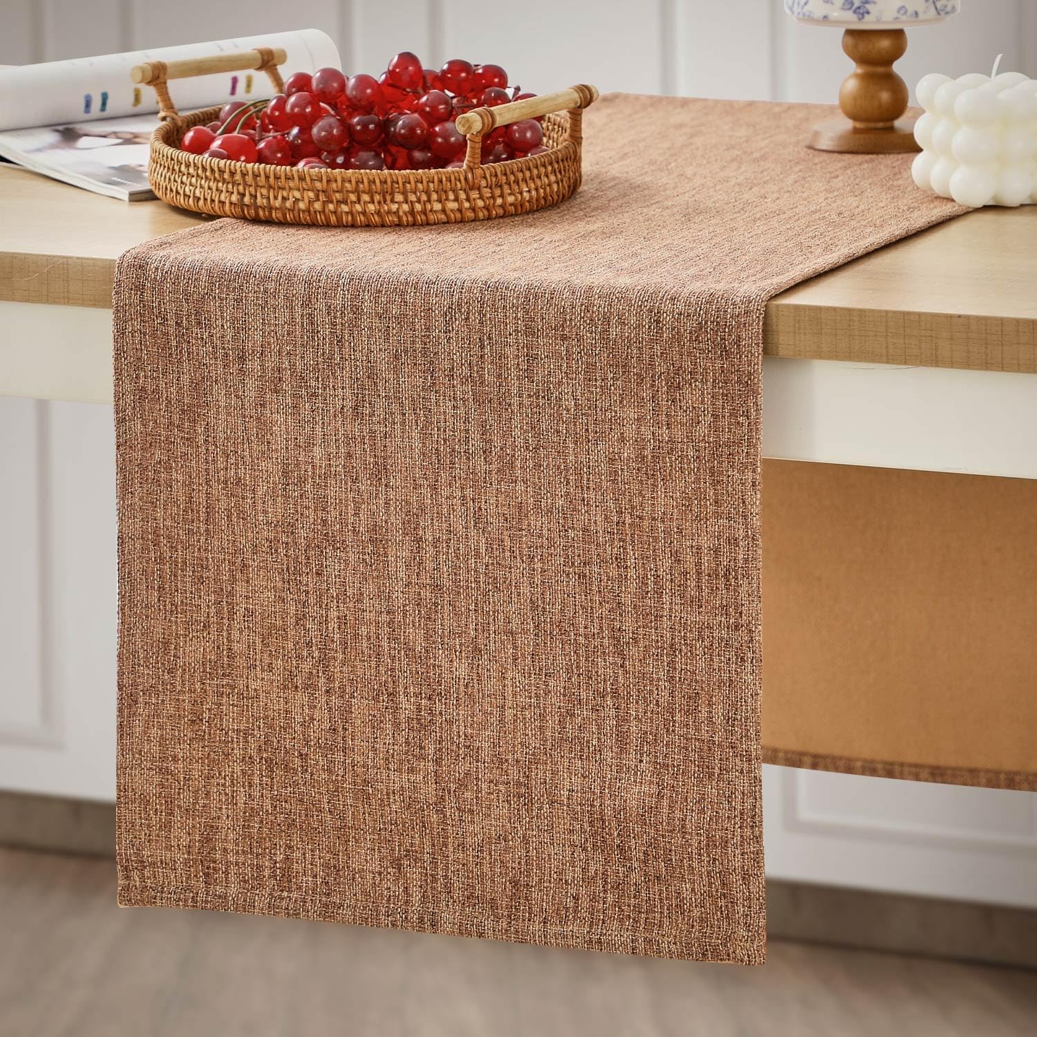 Rustic Table Runner Boho Style, Handmade Brown Table Runner 108 Inches Long for...